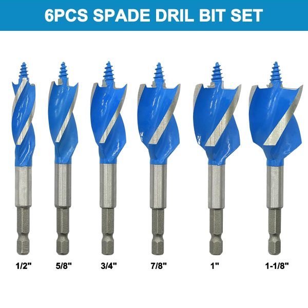 Auger Drill Bit Set for Wood, ‎1/2", 5/8", 3/4", 7/8", 1" and 1-1/8" Inch Size, 6-Piece Impact Wood Drill Bit with Hex Shank Quick Change for Hardwood and Softwood, Plastic, etc-1