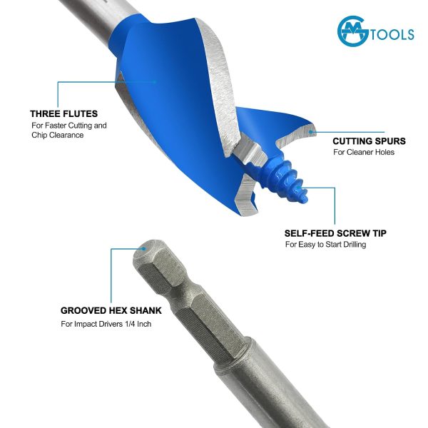 Auger Drill Bit Set for Wood, ‎1/2", 5/8", 3/4", 7/8", 1" and 1-1/8" Inch Size, 6-Piece Impact Wood Drill Bit with Hex Shank Quick Change for Hardwood and Softwood, Plastic, etc-2